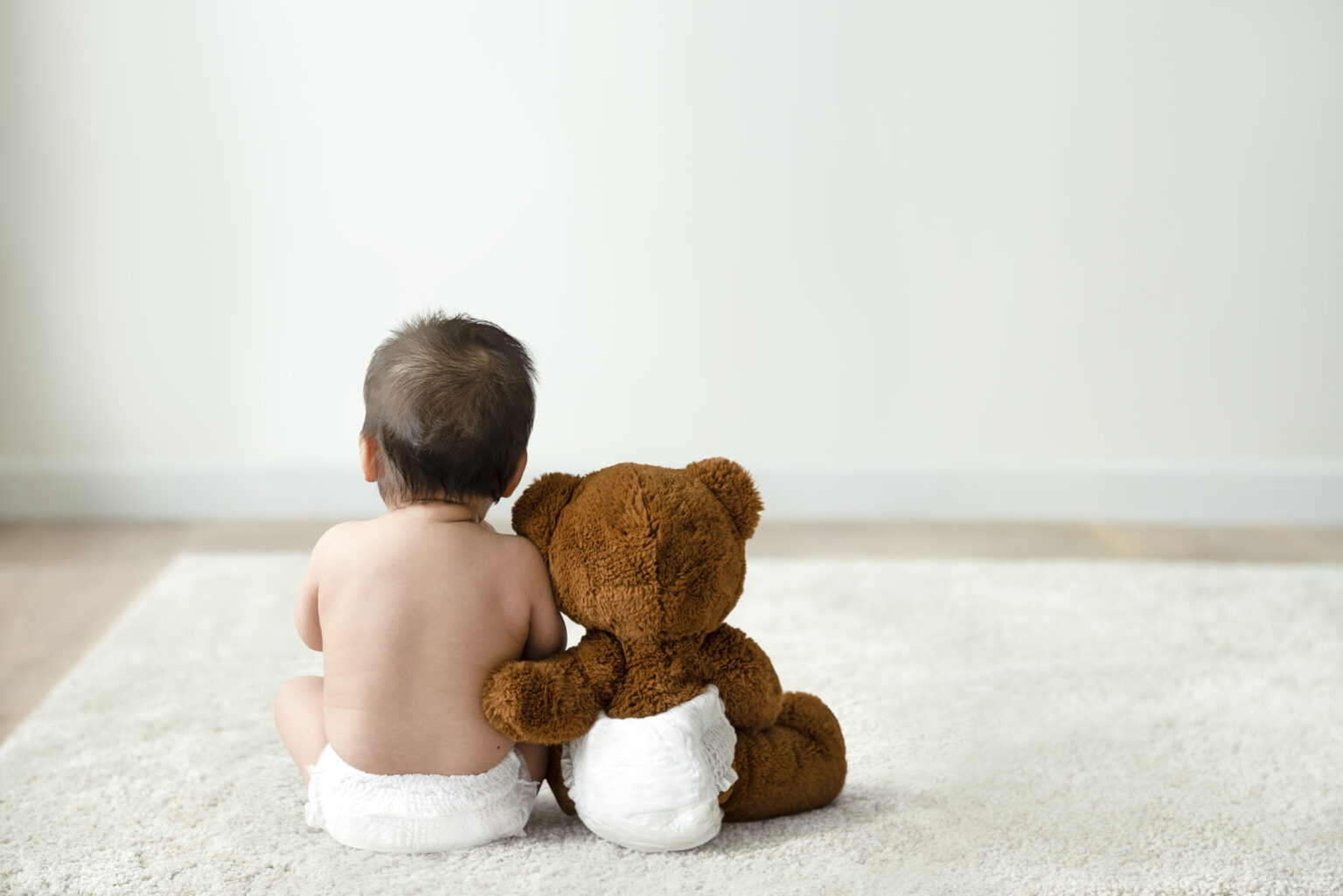 Bébé vu de dos avec son doudou